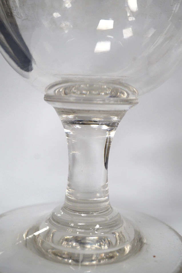 A diamond point engraved commemorative goblet, with the design of the Royal coat of arms, Prince of Wales feathers, horses, riders and a poem, inscribed ‘D.Coghill 1881’ together with a wheel engraved graved rummer, insc